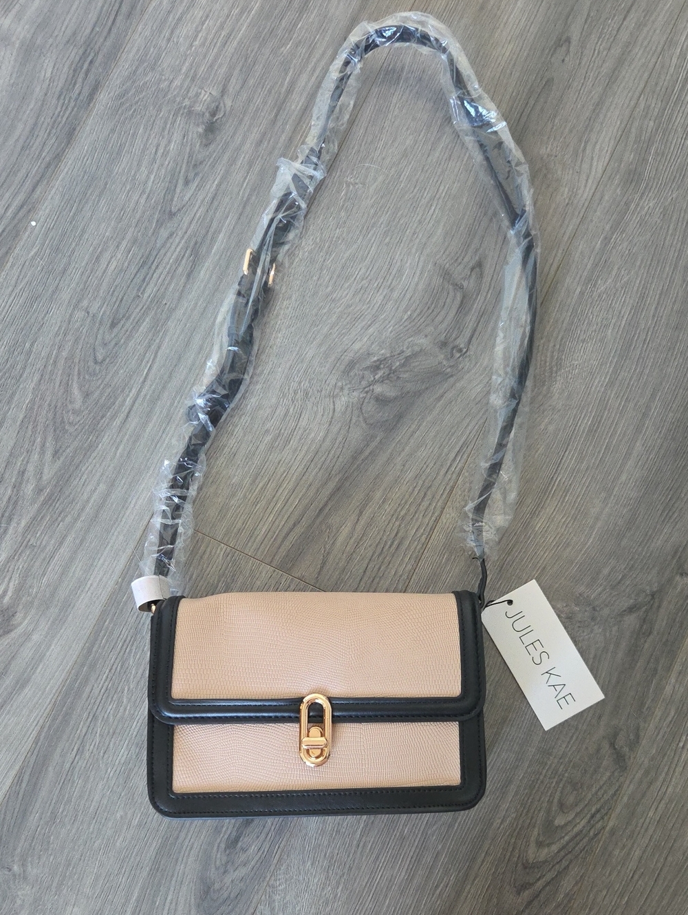 Jules Kae Beige and Black Two-Tone Crossbody Bag with Gold Hardware